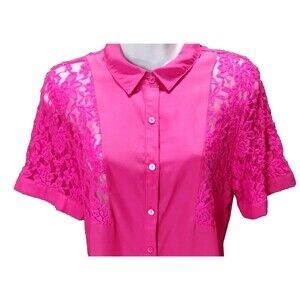 Hot Pink Lace Blouse Size L Short Sleeve Button Up Coquette Twee